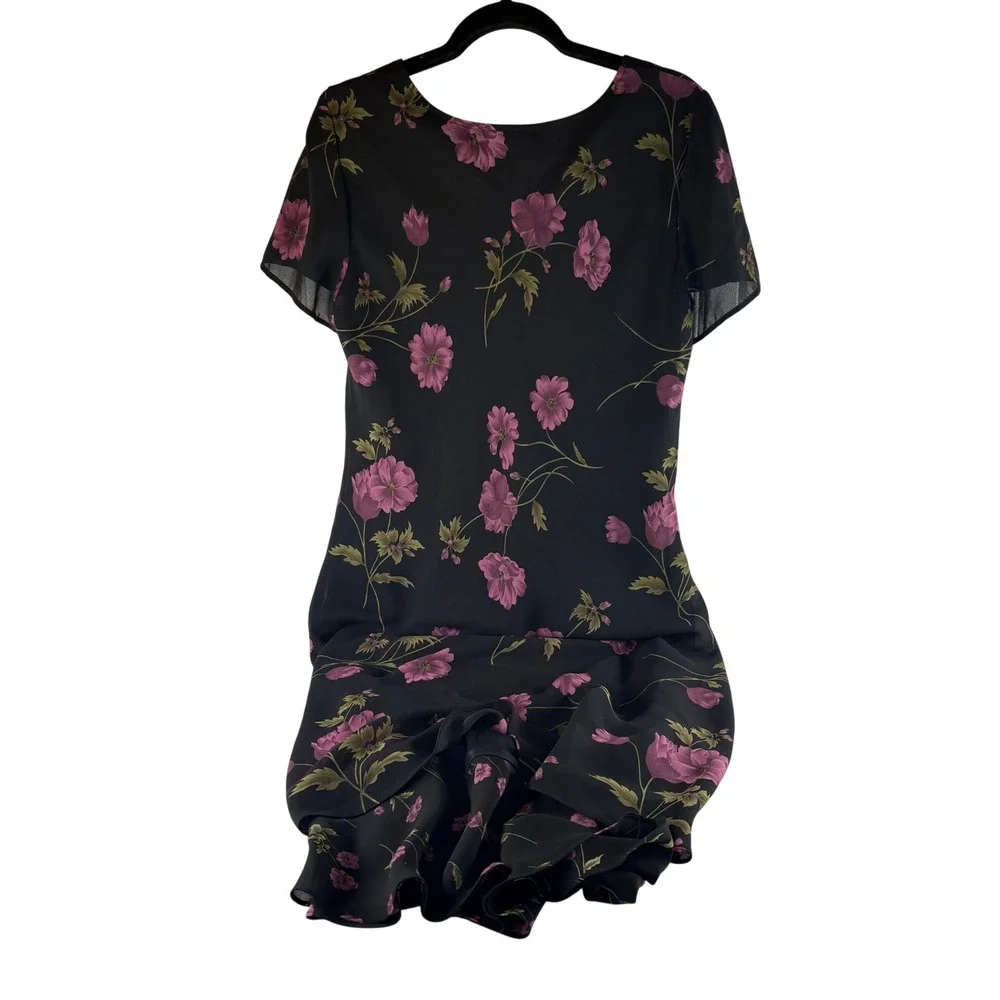 Halmode Petites Vintage Black Purple Floral Midi Dress Short‎ Sleeve 14P 10-4047